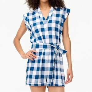 NWT J. Crew Linen Blend Tie Waist Shorts Romper Blue Gingham Check Size 8 NEW